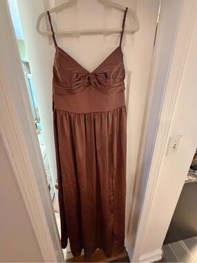 Azazie Zeya Espresso Spaghetti Strap Satin Maxi Dress